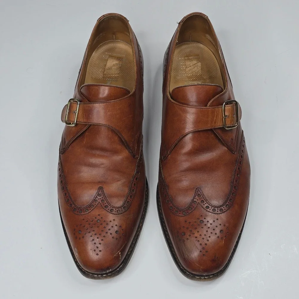 Brooks Brothers Peal & Co Mens Tan Leather Wingtip Monk Strap Shoes 10.5 D UK